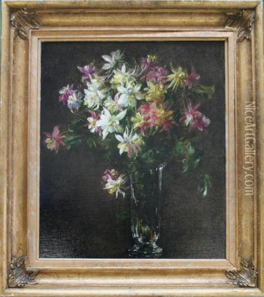 Homage To Fantin Latour: Mixed Aquiliegia In A Glass Vase Oil Painting - Julius Hare