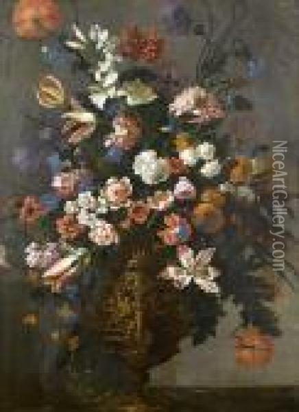 Roses, Tulips, Lilies, Convolvulus And Otherflowers In A Silver-gilt Urn Bearing The Medici Coat-of-arms On Atable Top Oil Painting - Andrea Scaccati