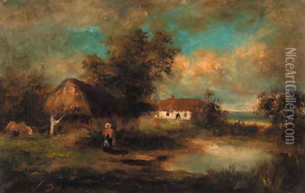 A village by a pond Oil Painting - Leon Victor Dupre
