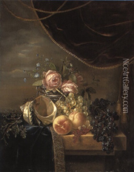 Still Life Of Flowers, Fruit, Conch Shell On Ledge Oil Painting - Antonie Rietveld
