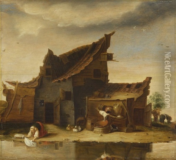 Wascherin Bei Einer Bauernhutte Am Wasser Oil Painting - Egbert Lievensz van der Poel