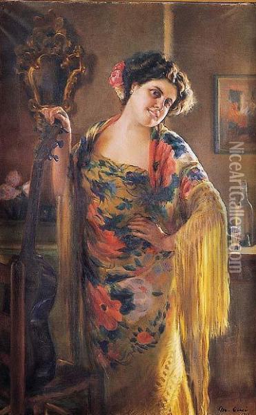 Mujer Con Manton De Manila Oil Painting - Manuel Cusi Y Ferret