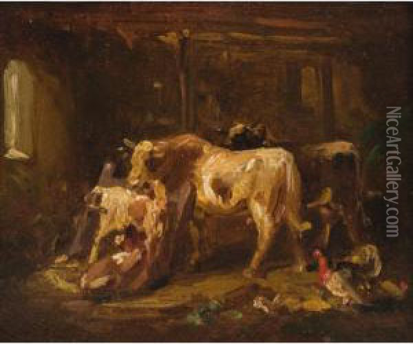 Cows In A Stable Oil Painting - Louis, Ludwig Reinhardt