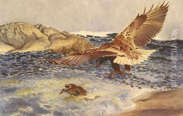 A Sea Eagle Chasing Eider Duck Oil Painting - Bruno Andreas Liljefors