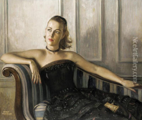 Portrait Of A Lady On A Chaise Longue Oil Painting - Sergei Vasilevitch Ivanov