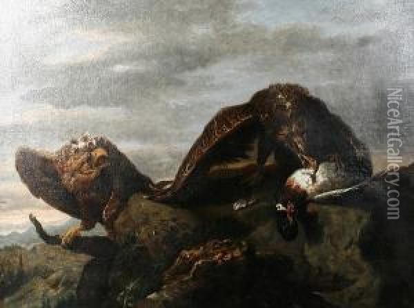 Two Eagles With Their Kill On A Rocky Outcrop Oil Painting - Charles Verlat