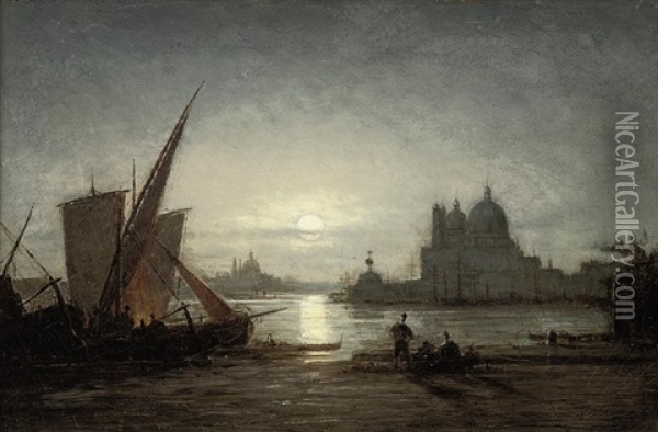 Fisherfolk Before Santa Maria Della Salute Under The Moon Oil Painting - Louis Mecklenburg