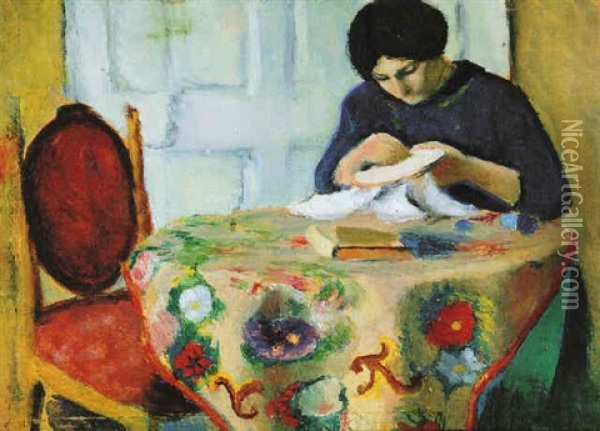 Elisabeth, Stickend Oil Painting - August Macke