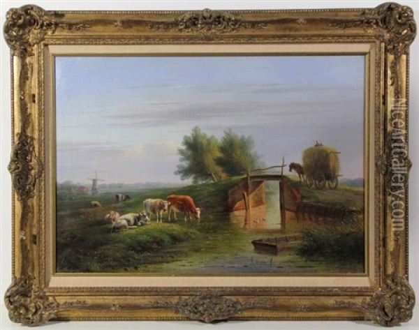 Dutch Landscape View With Cows Near A Ditch And A Horsedrawn Haycart Crossing A Bridge Oil Painting - Bernardus Gerardus Ten Berge