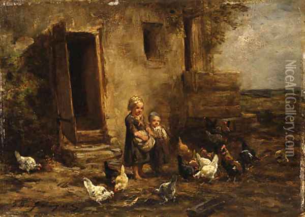 Children feeding the chickens Oil Painting - Charles Emile Jacque
