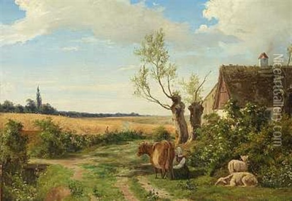Landlig Idyl Ved Et Bondehus Oil Painting - August Wilhelm Boesen