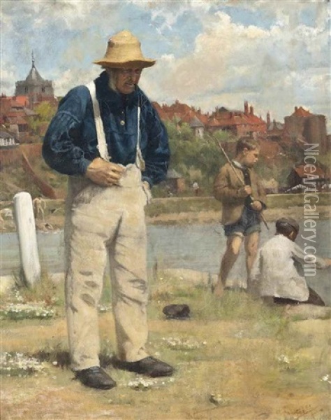 A Day's Fishing, Rye, Sussex Oil Painting - Arthur Hacker