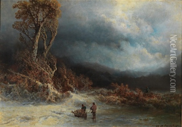 Winter Landscape With Figures Gathering Wood Oil Painting - Charlotte Piepenhagen