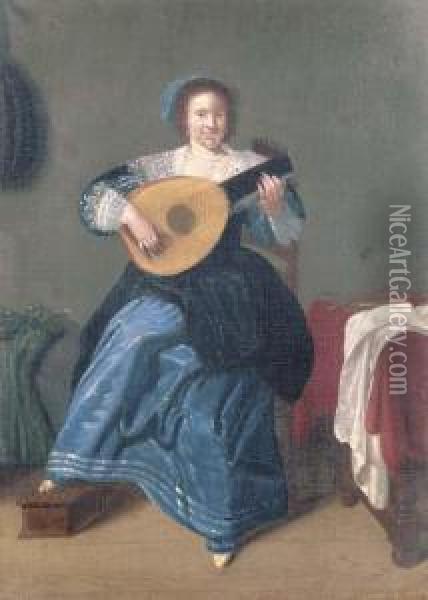 An Elegant Woman Playing The Lute In An Interior Oil Painting - Dirck Hals