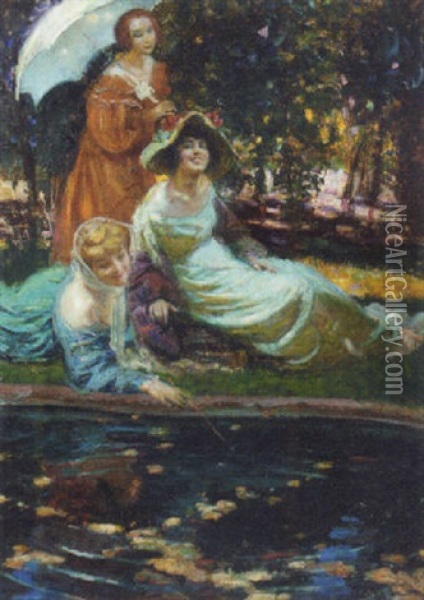 Ladies On A Riverbank Oil Painting - Lajos Mark