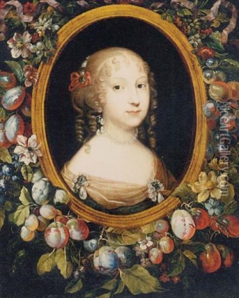 Portrait Of A Lady (madame Grignon, Daughter Of The Marquis De Sevigny?) In A Feigned Oval Frame Surrounded By A Garland Of Fruit Oil Painting - Charles Beaubrun