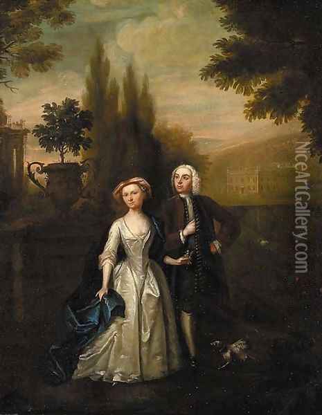 A lady and gentleman in the grounds of a country villa Oil Painting - Francis Hayman
