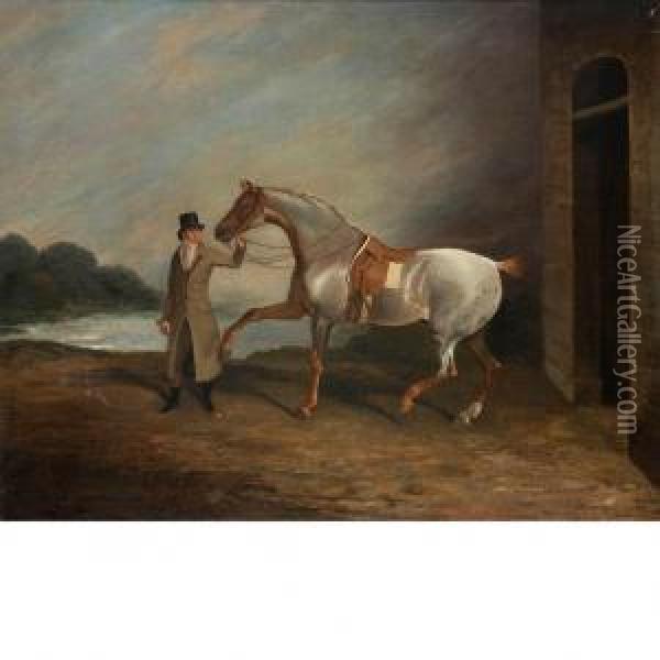A Gentleman With A Hunter Beside A Stable Oil Painting - Edwin, Beccles Of Cooper