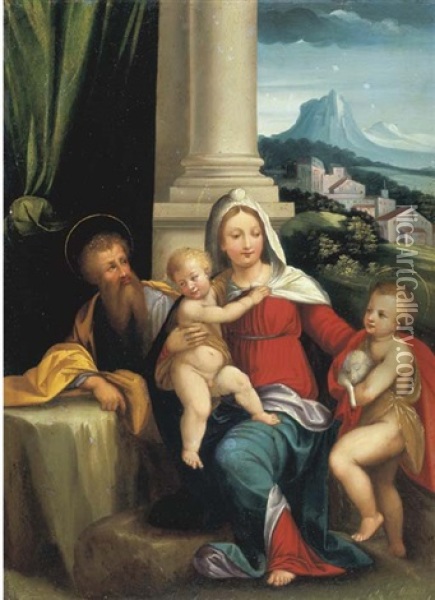 Sacra Famiglia E San Giovannino Con Paesaggio Sullo Sfondo Oil Painting - Benvenuto Tisi da Garofalo