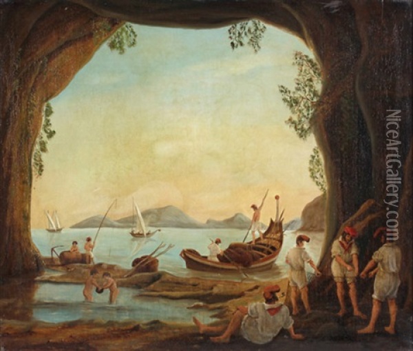 Italienische Fischer Beim Flicken Ihrer Netze Oil Painting - Johann Wilhelm Bruecke
