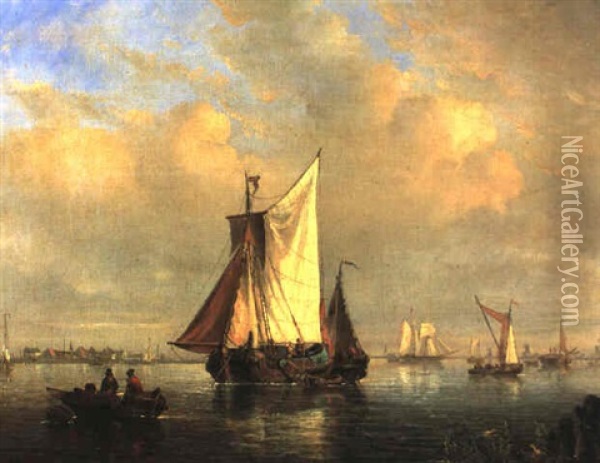 Shipping In A Calm Before A Town Oil Painting - Egidius Linnig