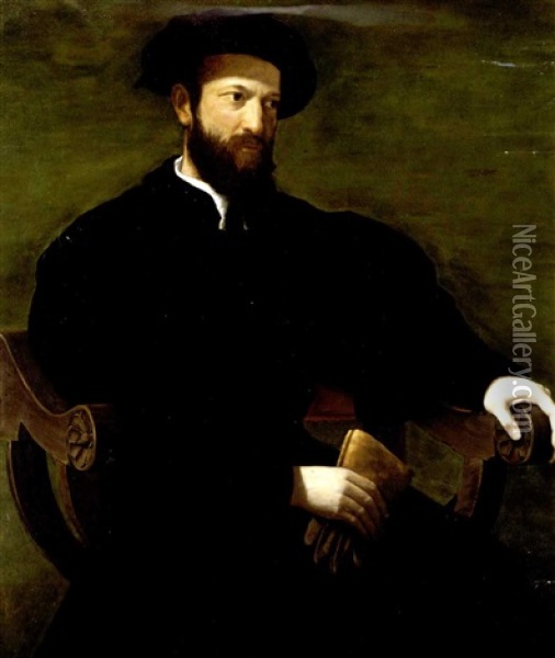 Portrait Of A Gentleman Dressed In Black And Seated Against A Green Background Oil Painting - Francesco del Rossi (Salviati)