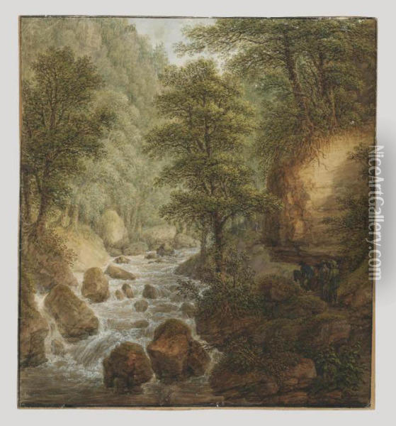 A Wooded River Landscape With Travellers Beside A Waterfall Oil Painting - Martin von Molitor