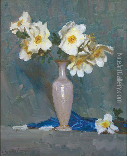 Roses In A Cream Vase Oil Painting - Arthur Ernest Streeton