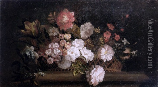 Still Life Of Roses, A Tulip, Forget-me-nots, Jasmine And Other Flowers In A Basket, Resting On A Stone Ledge Oil Painting - Pieter Casteels III