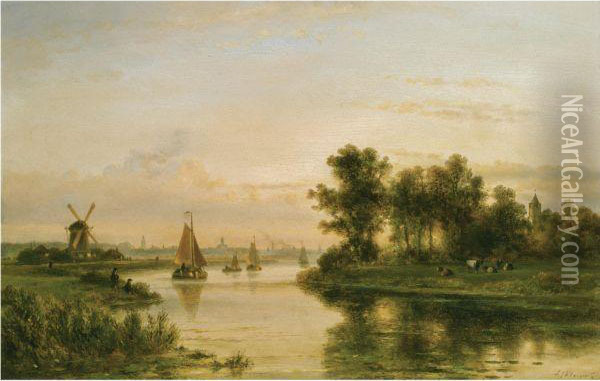 A River Landscape In Summer, A Town In The Distance Oil Painting - Lodewijk Johannes Kleijn