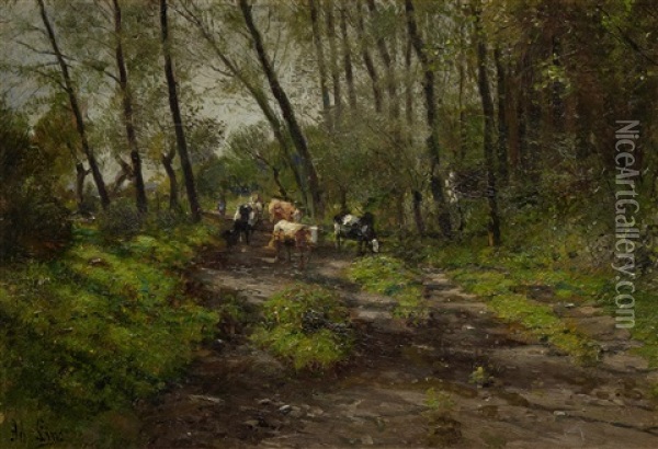 Cows On A Track Oil Painting - Adolf Lins