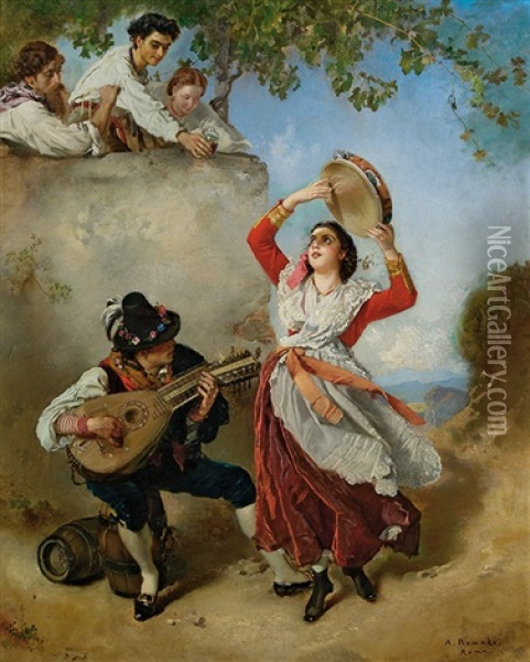 Roman Tarantella Dancer With Tambourine And A Mandolin Player Oil Painting - Anton Romako