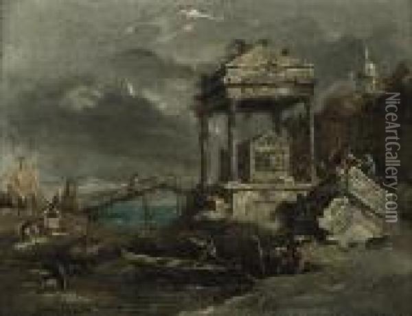 A Coastal Landscape With A Tomb And Women Washing Clothing On Abank Oil Painting - Francesco Guardi