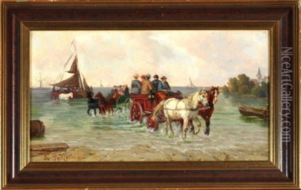 Personentransport Mit Pferdekutschen Am Meeresstrand Oil Painting - Eduard Goetzelmann