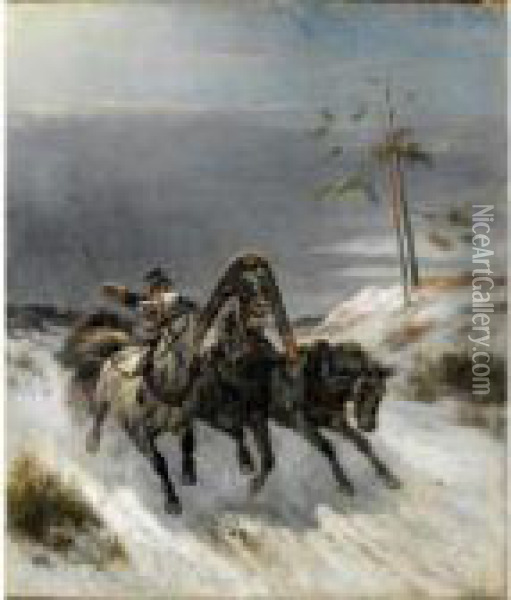 Troika Racing Through The Snow Oil Painting - Nikolai Egorovich Sverchkov