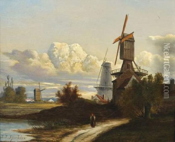 Les Moulins En Hollande Oil Painting - Jan Jacob Coenraad Spohler