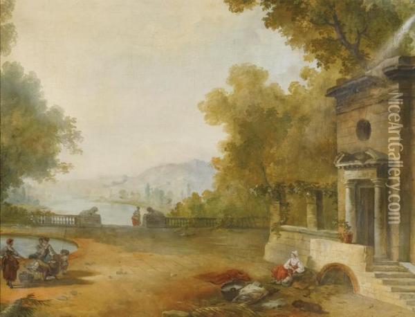 Figures On A Terrace Overlooking A Large Lake Oil Painting - Hubert Robert