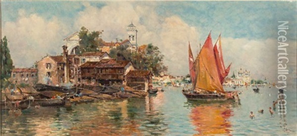 Blick Auf Die Giudecca In Venedig Oil Painting - Antonio Maria de Reyna Manescau