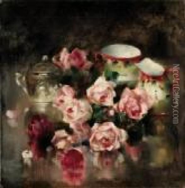 Natura Morta Con Rose Oil Painting - Luigi Serralunga