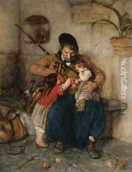Grandfather Offering Apples to His Grandchildren (Enough For All) Oil Painting - Nicholas Gysis