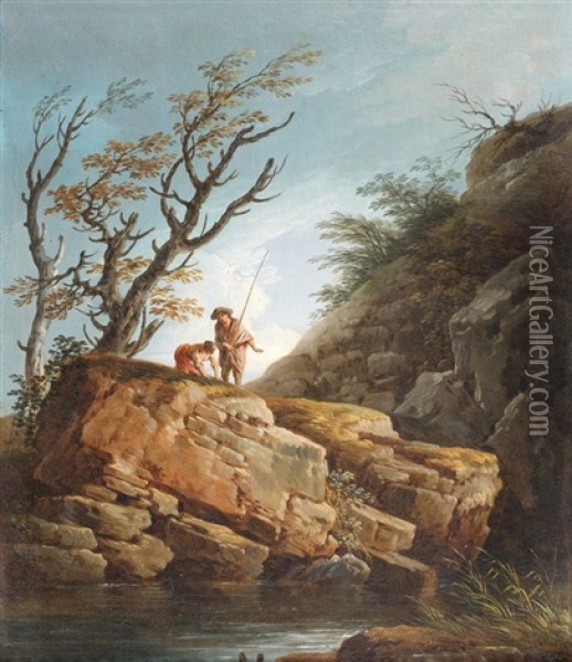 Pecheur Sur Un Rocher (+ Promeneurs Dans Un Paysage Avec Une Cascade; Pair) Oil Painting - Charles Francois Lacroix