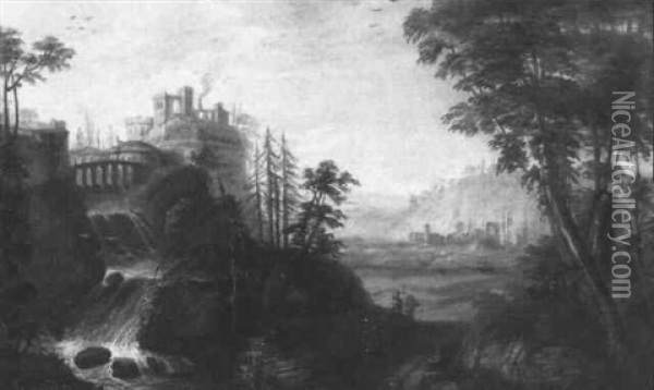 An Italianate Wooded Landscape With Peasants On A Track By A Waterfall, A Hilltop Town And Castle Ruin Beyond Oil Painting - Johann Kaspar Von Bemmel