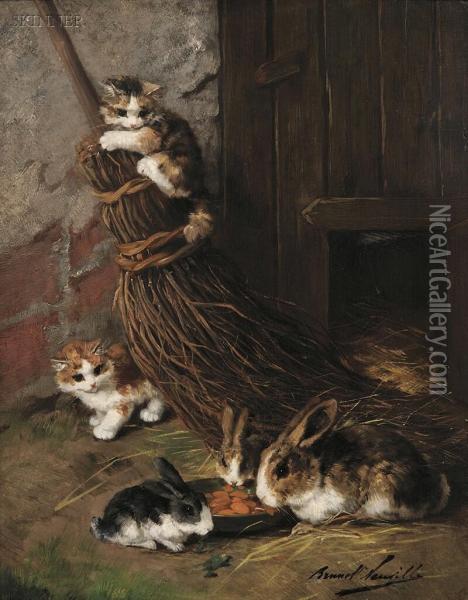 Kittens At Play With Rabbits At Feed Oil Painting - Alphonse de Neuville