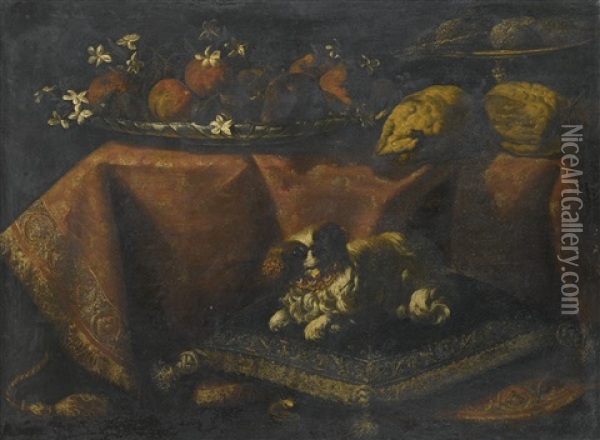 Still Life Of Fruit And Flowers In A Bowl, Lemons And Sugarbread In A Tazza Resting On A Draped Table, Together With A Spaniel Resting On A Pillow In The Foreground Oil Painting - Francesco Noletti (Il Maltese)