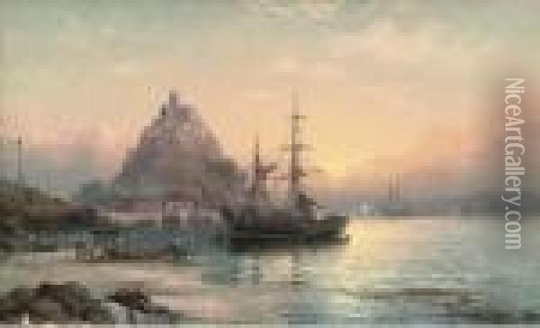 A Trading Brig At Anchor Before St. Michael's Oil Painting - William A. Thornley Or Thornber