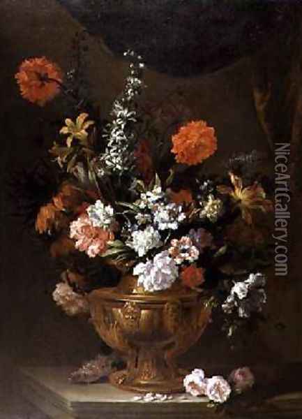 Flowers in a Sculptured Vase Oil Painting - Jean-Baptiste Monnoyer