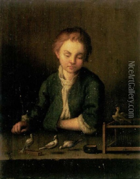A Young Boy With His Pet Birds Oil Painting - Johann Conrad Seekatz