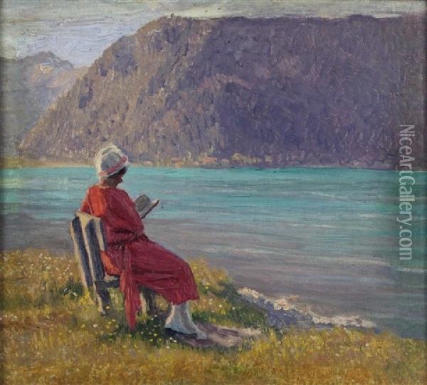 Lesende Frau Am Flussufer Oil Painting - Lore Scheid