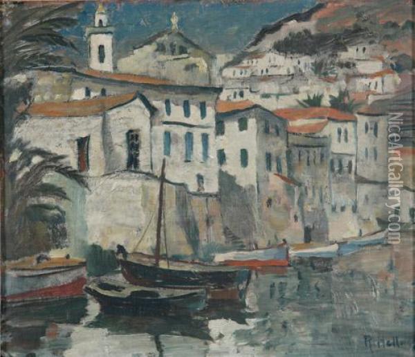 Blick Auf Ein Sudliches Hafenstadtchen Mit Angelegten Booten Oil Painting - Rudolf Hellwag