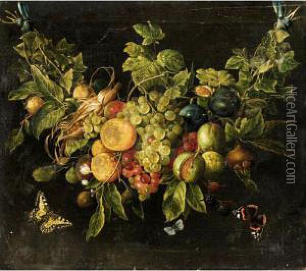 A Swag Of Fruits Hanging From Blue Ribbons With Butteflies Flying Nearby Oil Painting - Ernestine Wendel